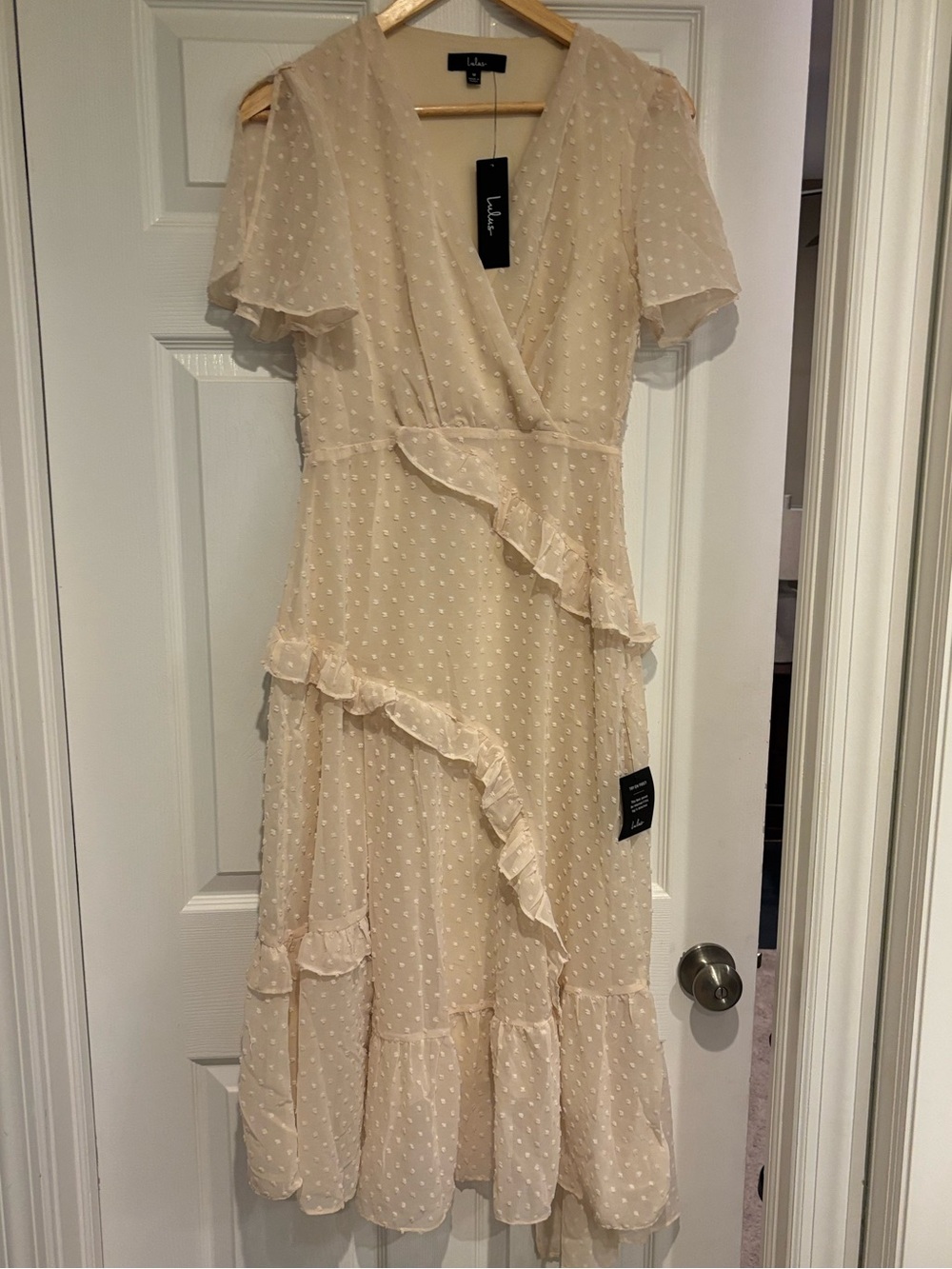 Lulu's Cream Swiss Dot Wrap Midi Dress